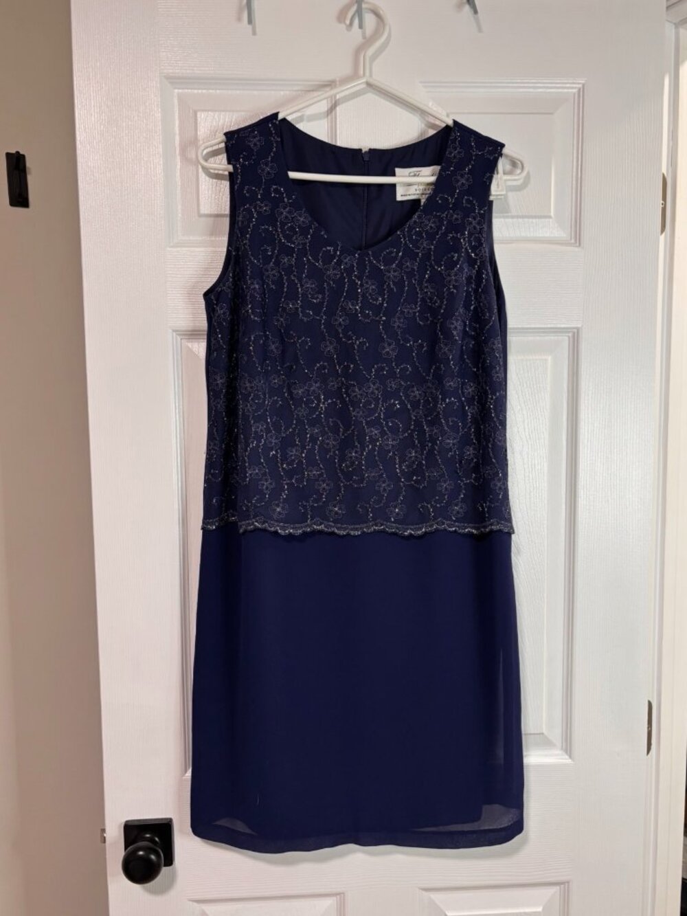 Navy Blue Beaded Overlay Cocktail Dress (Size 8)
